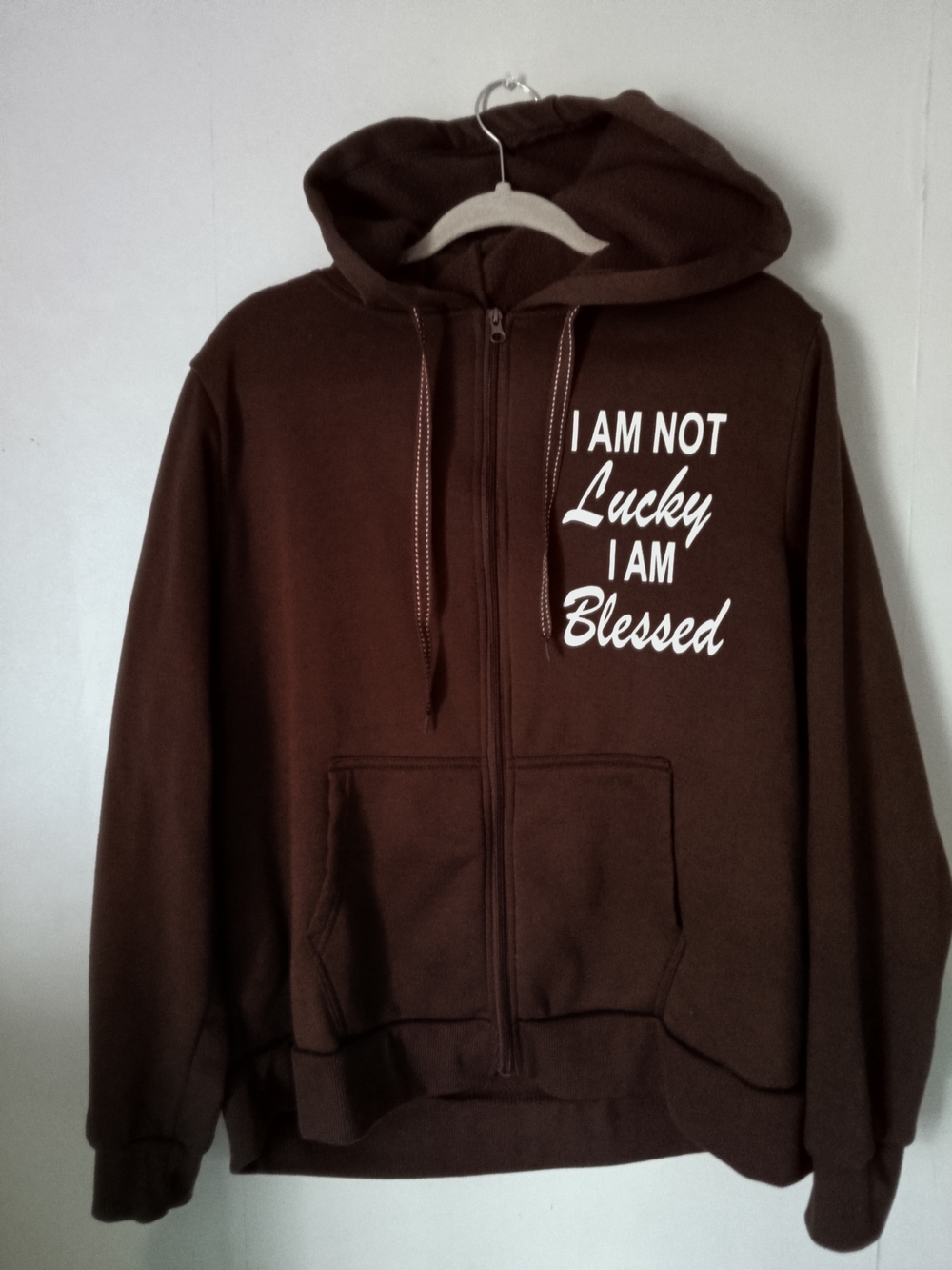 Unbranded Brown Full-Zip Hoodie with 'I Am Not Lucky I Am Blessed' Graphic
